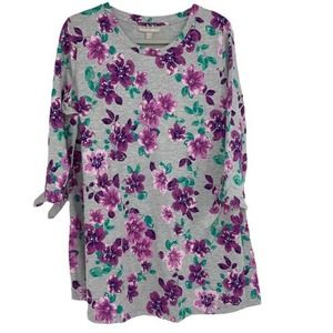 WOMAN WITHIN GRAY PURPLE GREEN FLORAL DESIGN PULLOVER TOP 14/16